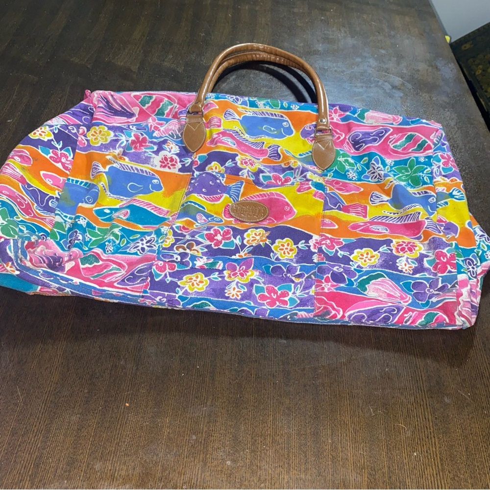 Vintage 80s 90s Gitano Large Tote Colorful Floral With Fishes Cottage Core Soft